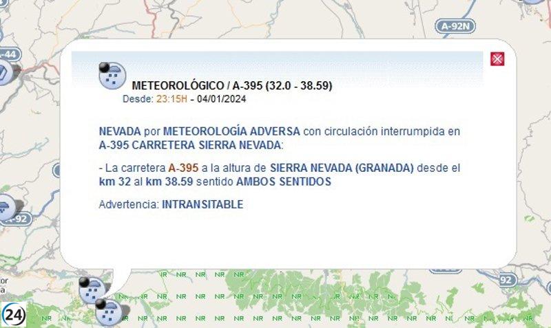 La A-395 cortada por nieve en 7 km sin impacto en estación de esquí Sierra Nevada.