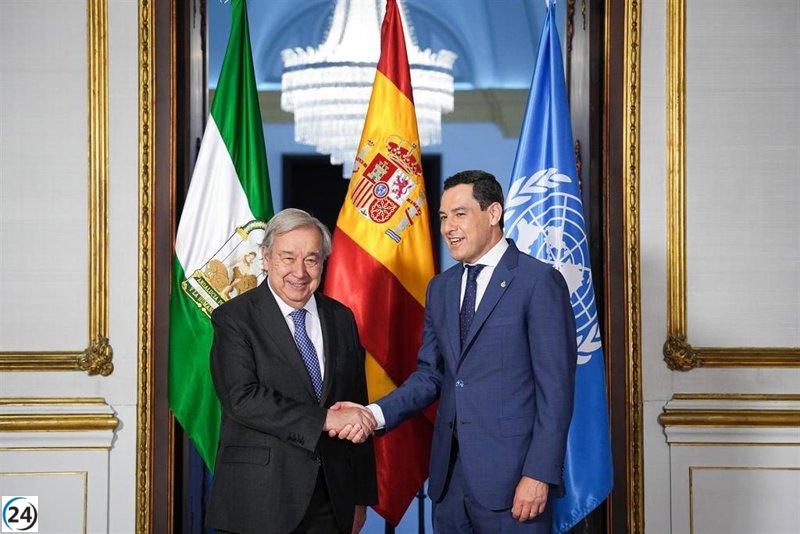 Moreno se reúne con el secretario general de la ONU en San Telmo y destaca el significativo papel global de Andalucía.