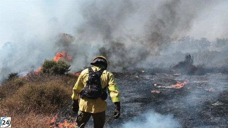 Ocho aeronaves y diez equipos terrestres luchan contra el incendio en Morón, Sevilla.
