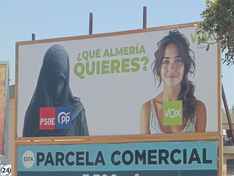 El Ejido contempla acciones legales para eliminar valla de Vox que incita a la polarización sobre la inmigración.