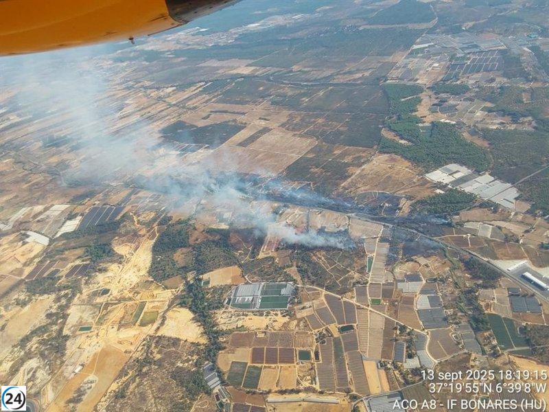 Incendio en Bonares (Huelva) lleva a activar la fase 1 de emergencia y cierra la A-484.