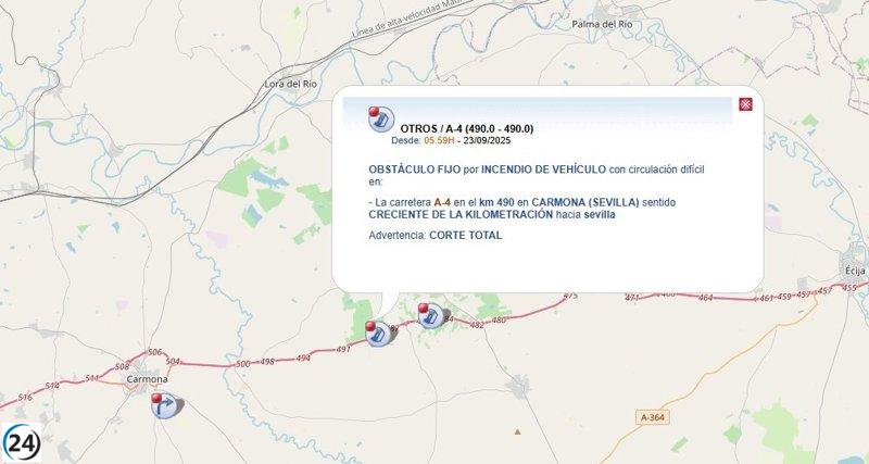 Heridos en incendio de camión en Carmona provocan cierre temporal de la A-4 hacia Sevilla.
