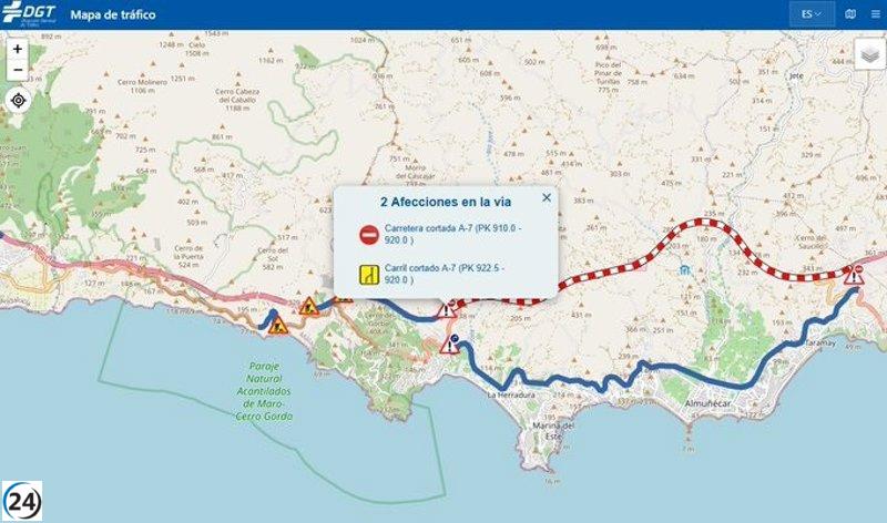 Un accidente con un cable de alta tensión provoca el cierre temporal de la A-7 en Almuñécar, Granada.