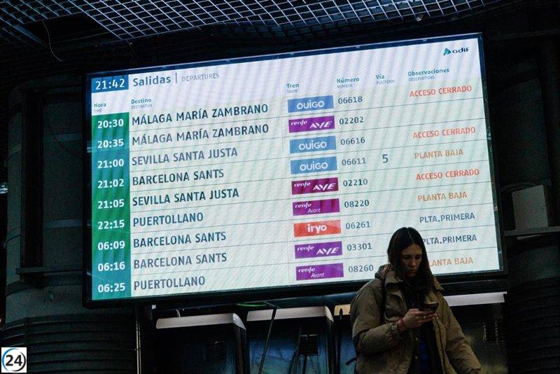Adif interrumpe el servicio de AVE entre Madrid y varias ciudades andaluzas este lunes.
